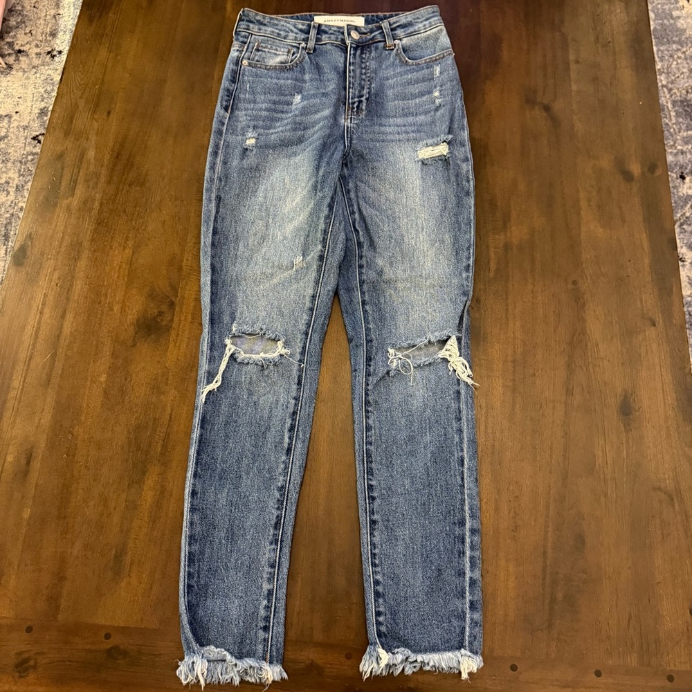 Ashley Mason Distressed High Rise Skinny Jeans Medium Wash Frayed Hem Size 3
